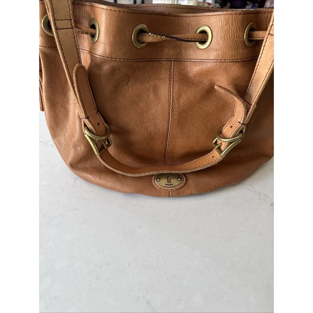 FOSSIL MADDOX BROWN LEATHER BUCKET DRAWSTRING SHOULDER BAG Hobo Vtg Boho Purse - Picture 2 of 11